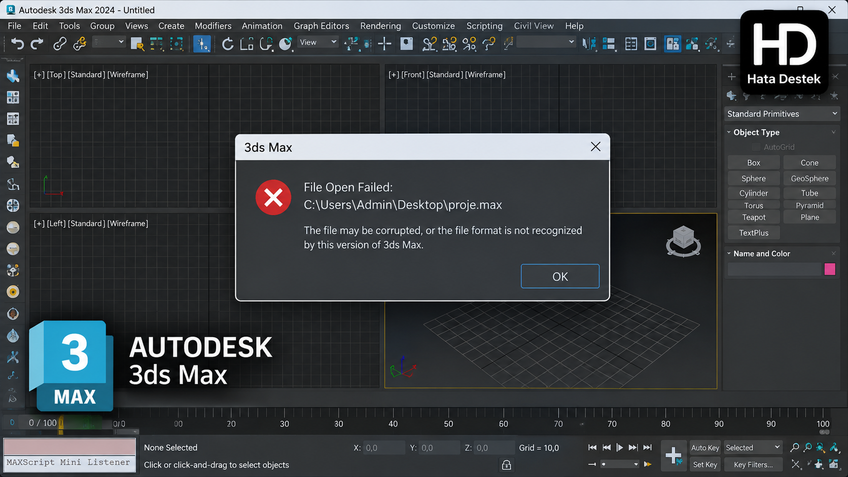 3ds Max'te File Open Failed hatası görülen dosya açma ekranı