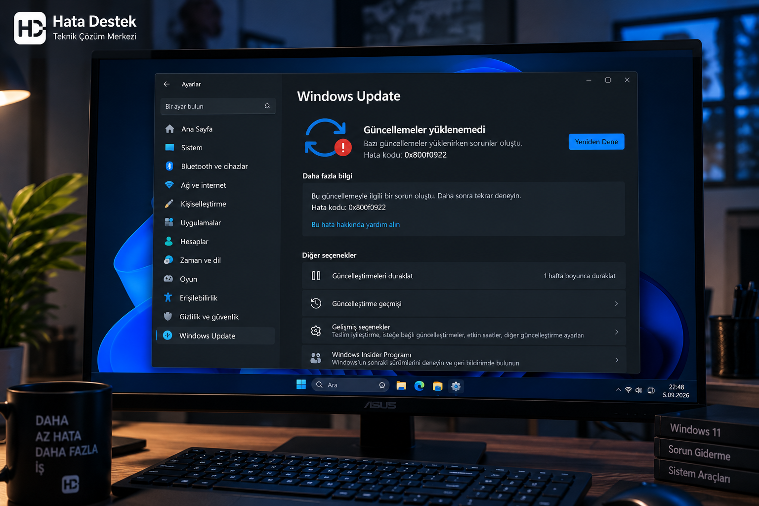 Windows 11 Windows Update ekranında 0x800f0922 güncelleme hatası