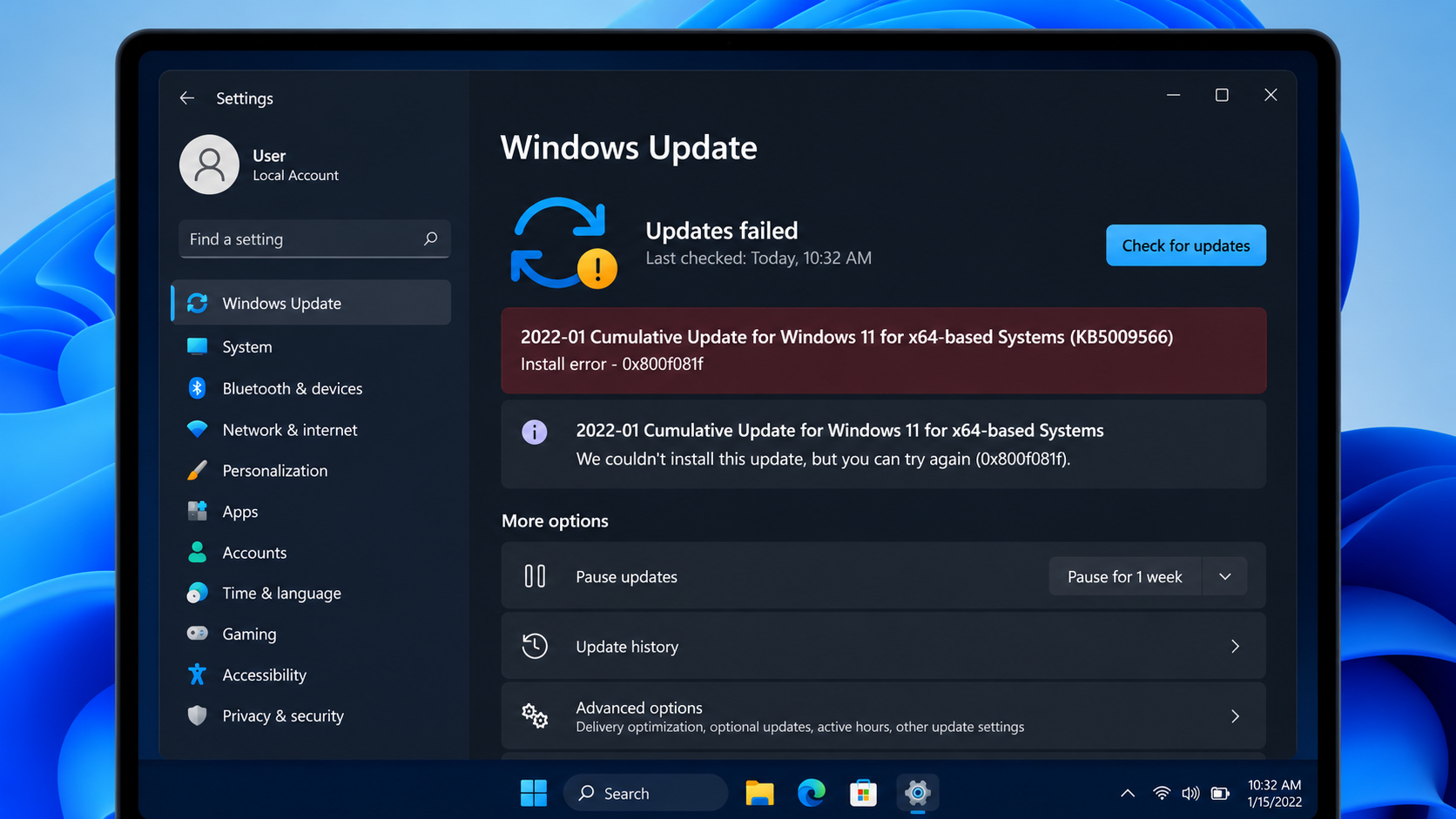 Windows 11 Windows Update ekranında 0x800f081f güncelleme hatası